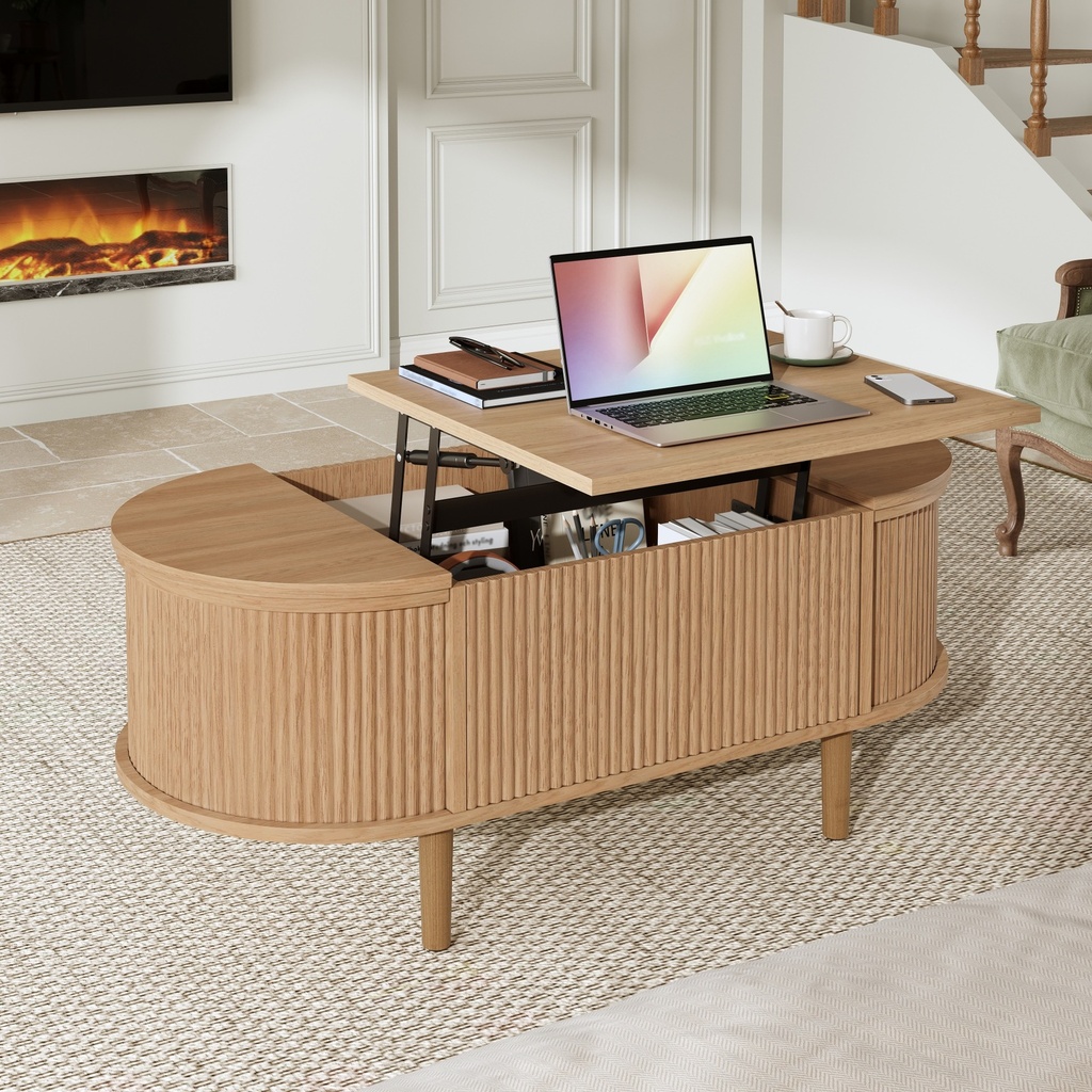 [F-GPS-N130P526203O] Oval Height-Adjustable Coffee Table with Flip-Top Storage, 100L x 48W x 53.5H cm, Walnut (Product Only)