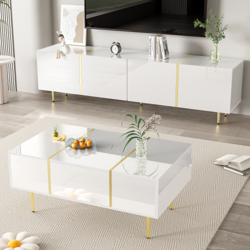 High-Gloss TV Cabinet with Gold Accents, Soft‑Close Doors, White