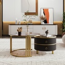 2-in-1 Round Coffee Table Set with High-Gloss and Tempered Glass Tops, Brown+Black