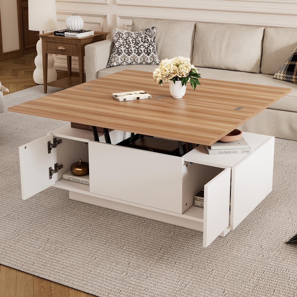 [F-SPS-N605P361739740Z] Lift-up Coffee Table with Hidden Storage and Dual Liftable Tops, 100L x 50W x 55.5H cm, White+Natural (Product Only)