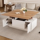 Lift-up Coffee Table with Hidden Storage and Dual Liftable Tops, 100L x 50W x 55.5H cm, White+Natural