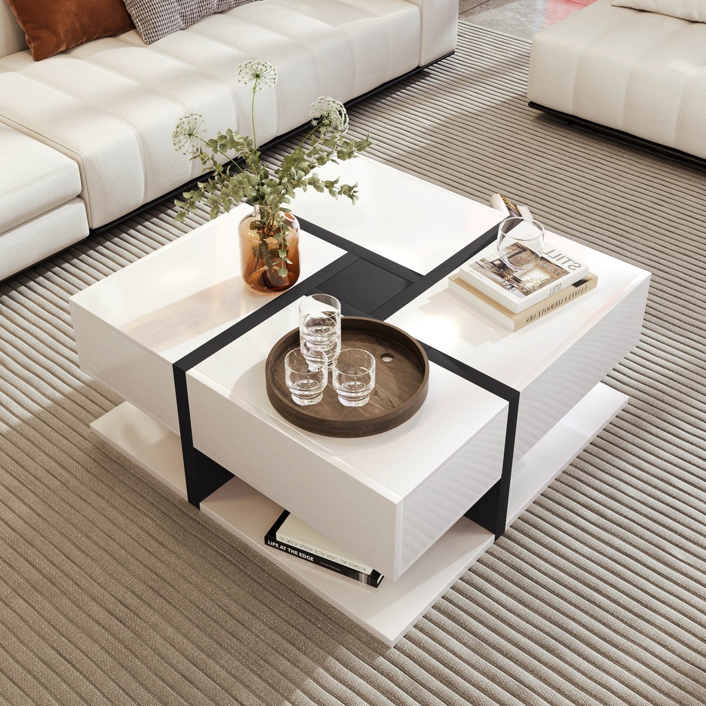 Square Coffee Table with 4 Drawers, White