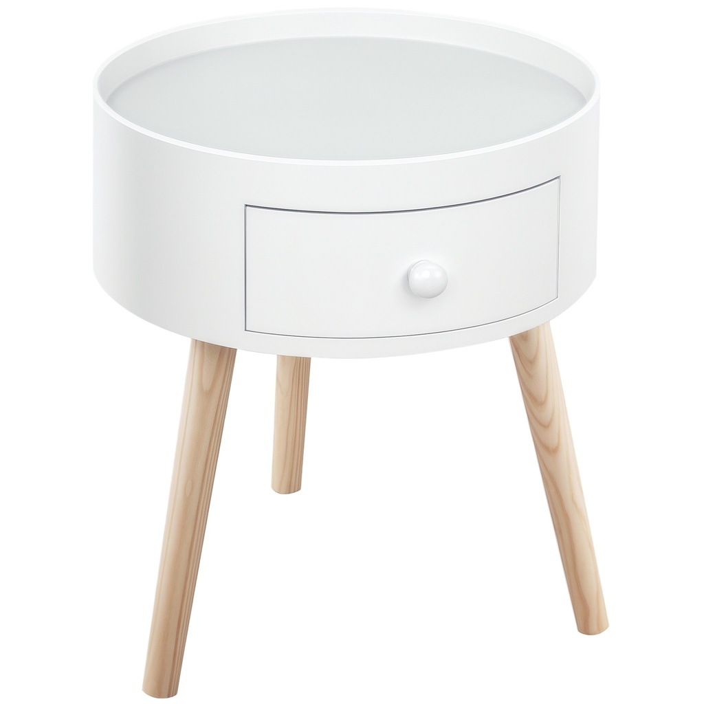 HOMCOM Round Side Table with Drawer Wood Legs White