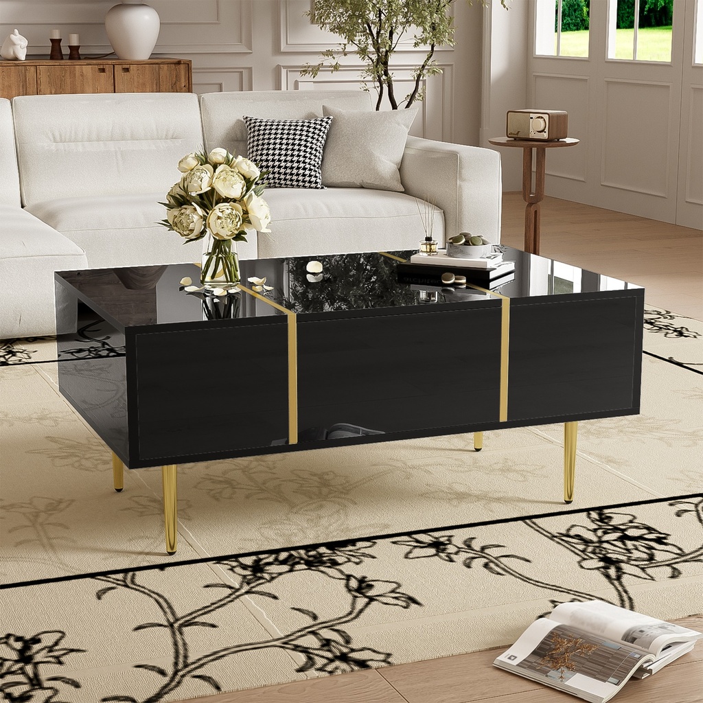 High-Gloss Coffee Table with Two Drawers and 19.5 cm Clearance, 100L x 60W x 41.5H cm, Black+Gold