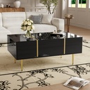 High-Gloss Coffee Table with Two Drawers and 19.5 cm Clearance, 100L x 60W x 41.5H cm, Black+Gold