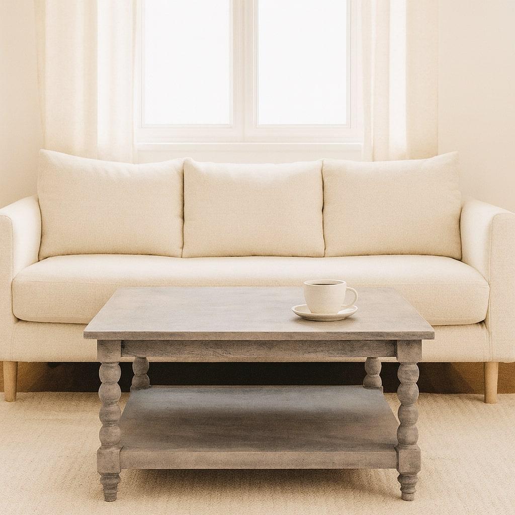 Solid Mango Wood Coffee Table with Open Storage Slot, Beige
