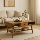 Solid Mango Wood Curved Coffee Table with 2 Drawers and 2 Open Compartments, Brown
