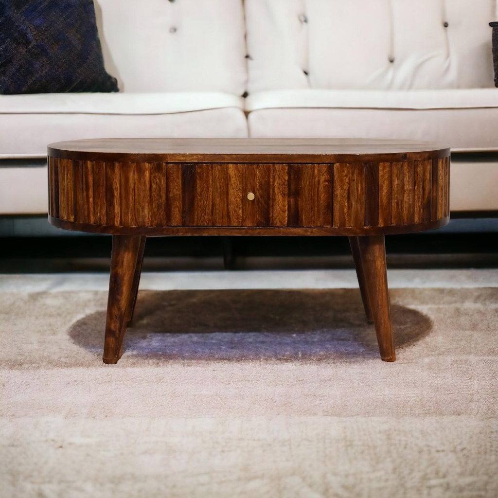 Solid Mango Wood Round Coffee Table with 2 Smooth-Gliding Drawers, Brown