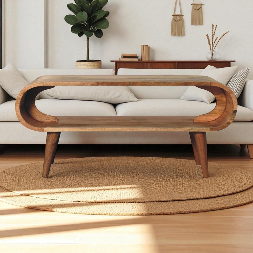 Solid Mango Wood Amaya Nordic Coffee Table with Open Slot, Brown