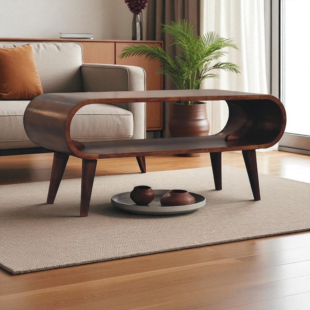 Amaya Nordic Solid Mango Wood Coffee Table with Open Slot Storage, Brown