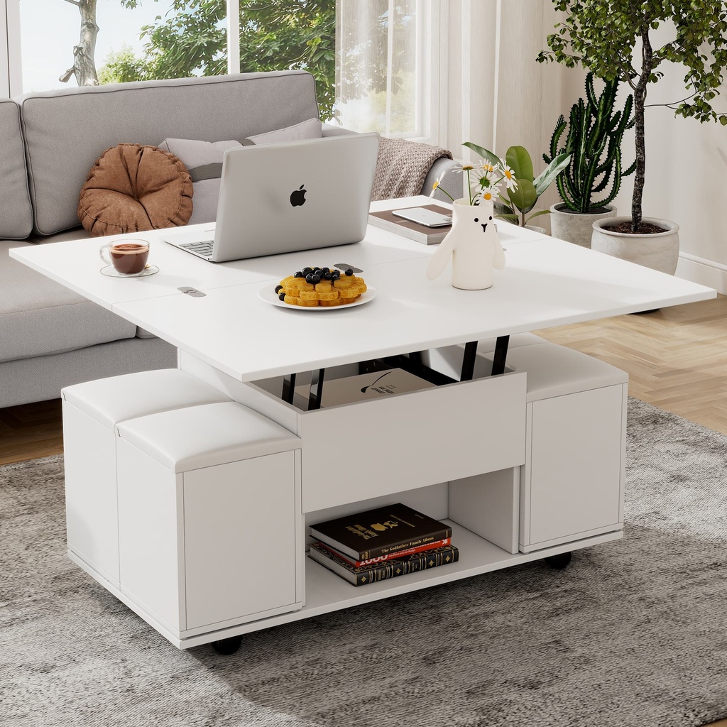 [F-SPS-N605P293029030W] Lift-Up Coffee Table with Hydraulic Mechanism, White (Product Only)