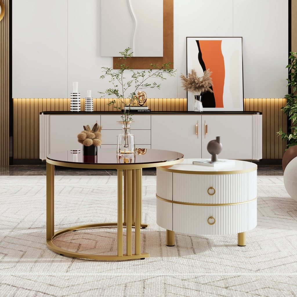 2-in-1 Round Coffee Table Set with High-Gloss and Tempered Glass Tops, Brown+White