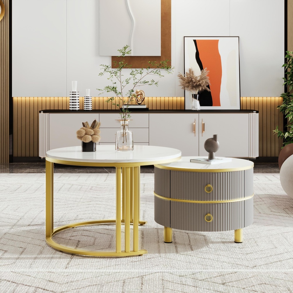 2-In-1 Round Coffee Table Set with High-Gloss Tops, 70L x 70W x 46H cm, White+Gray