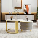 2-In-1 Round Coffee Table Set with High-Gloss Tops, 70L x 70W x 46H cm, White+Gray