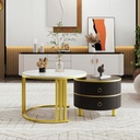 2-In-1 Round Coffee Table Set with High-Gloss Tops, 70L x 70W x 46H cm, White+Black