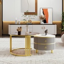 2-In-1 Round Coffee Table Set with High-Gloss Top and Tempered Glass, 70L x 70W x 45H cm, Grey+Brown