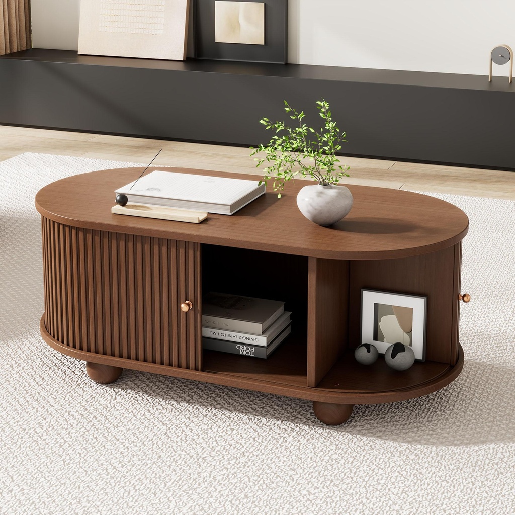 Oval Coffee Table with 2 Sliding Doors, Oak