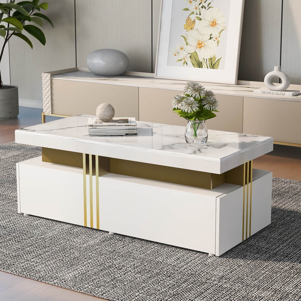 Modern Rectangular Coffee Table with PVC Pattern Top and 2 Wooden Drawers, White