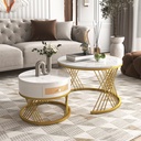 2-in-1 Marble Coffee Table Set with Marble Grain Veneer Top, White+Gold
