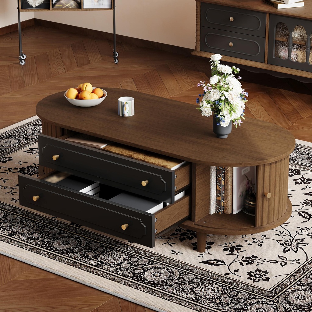 Living Room Coffee Table with 2 Drawers and Roll-Up Door, 100L x 50W x 36H cm, Walnut