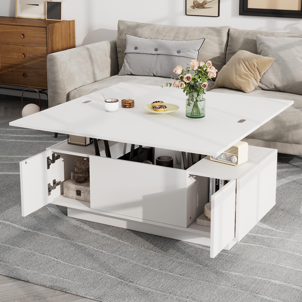 Lift-Up Coffee Table With 2 Doors, White