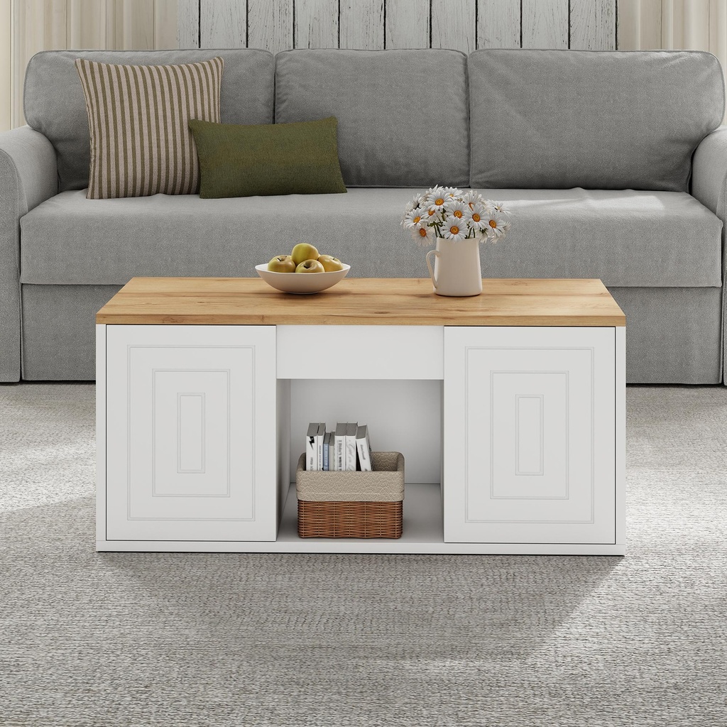 Height-Adjustable Coffee Table with Hydraulic Lift and Divided Shelves, 95L x 46W x 45H cm, White