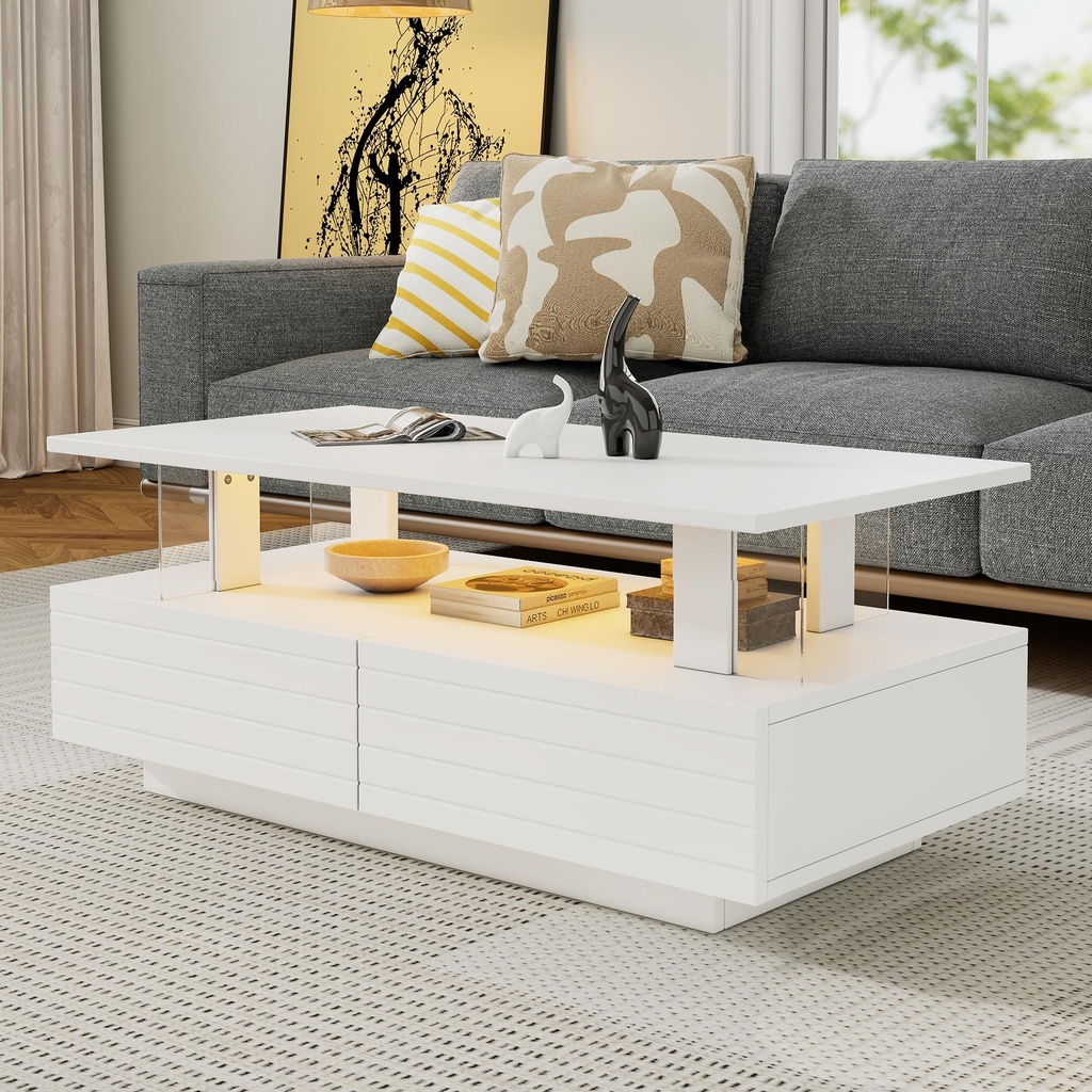 Sleek LED Coffee Table with App-Controlled Lighting, 100L x 50W x 42.5H cm, White