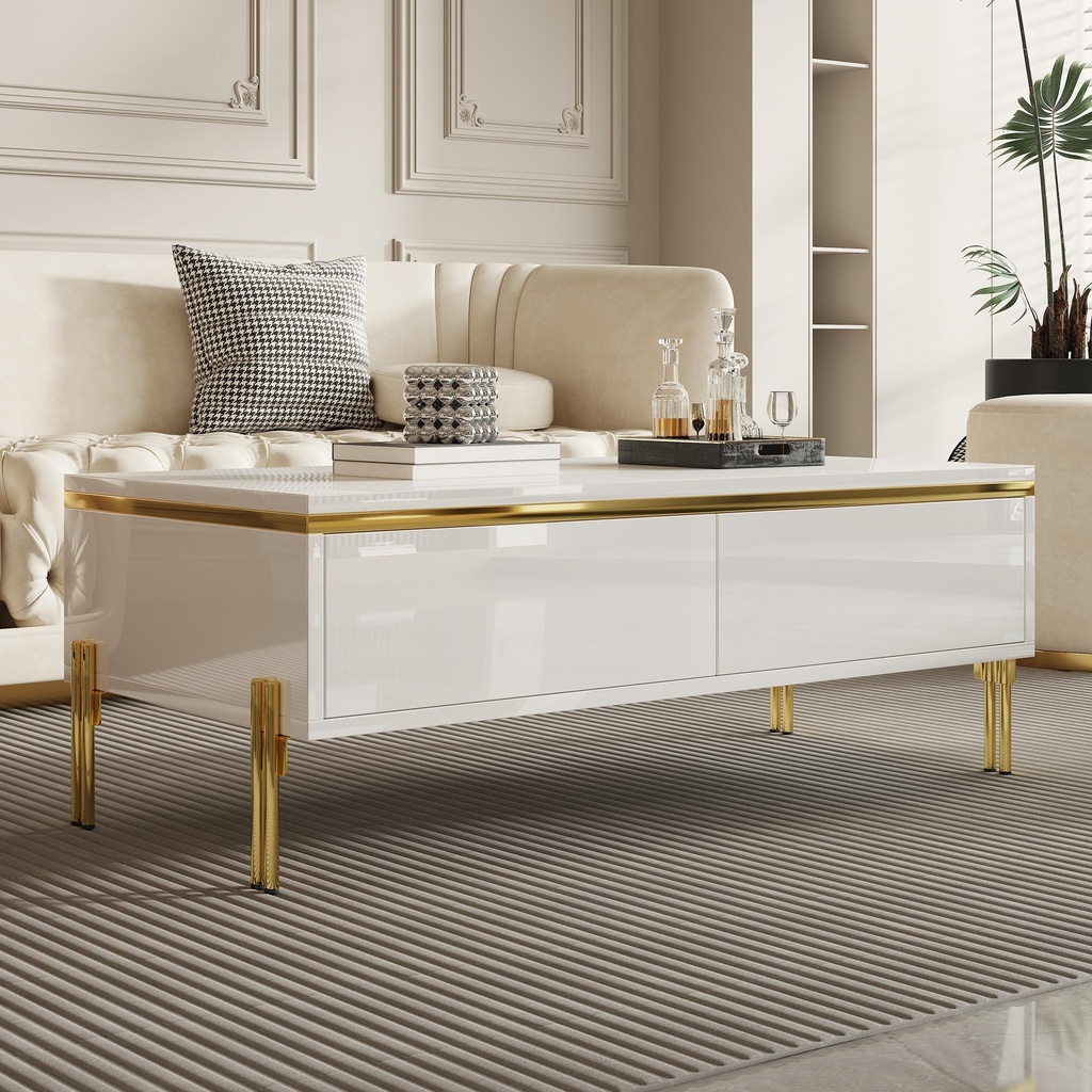 [F-GPS-N130P498293W] Spacious Coffee Table with 2 Hidden Drawers, 100L x 50W x 36H cm, White (Product Only)