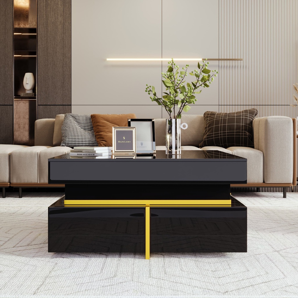 High-Gloss Coffee Table with Gold Accents, Black