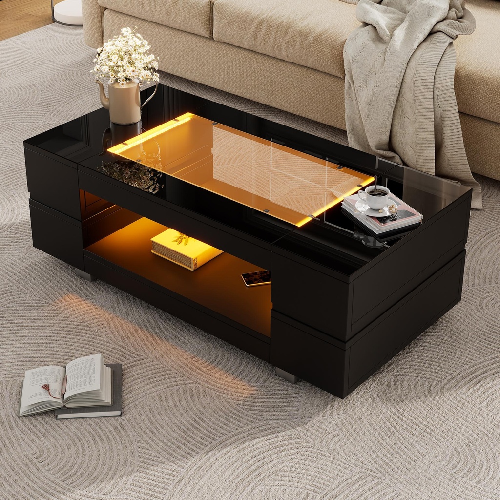 Modern LED Hollow Coffee Table with App-Controlled Light Strip, Black