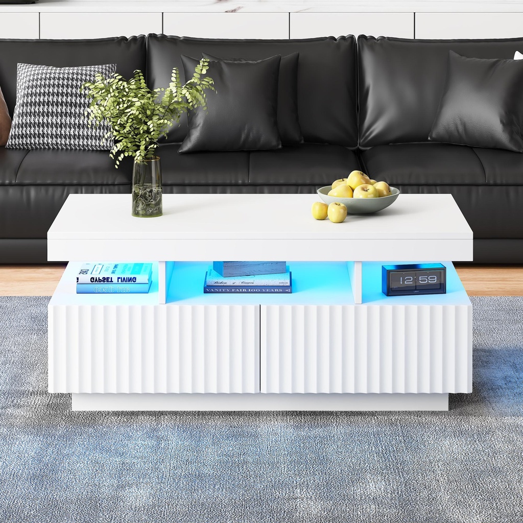 Modern Coffee Table with App-Controlled LED and Two Ribbed Drawers, 100L x 50W x 45H cm, White
