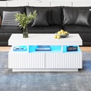 Modern Coffee Table with App-Controlled LED and Two Ribbed Drawers, 100L x 50W x 45H cm, White
