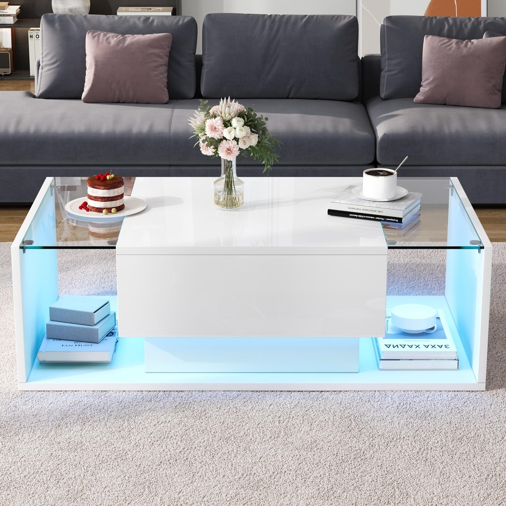 High-Gloss Coffee Table with a Drawer and Semi-Open Storage, 100L x 50W x 31H cm, White
