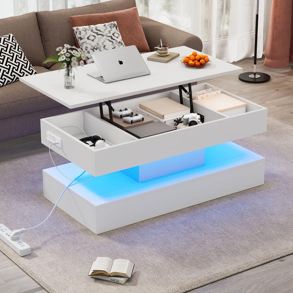 [F-SPS-N605P417277W] Modern Coffee Table with Bluetooth-Controlled LED Lighting, 100L x 50W x 42H cm, White (Product Only)