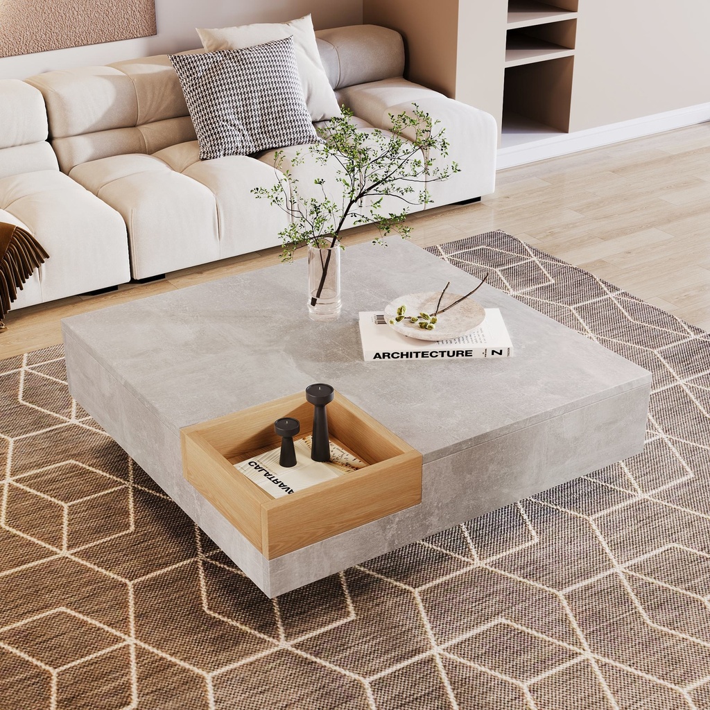 Modern Marble Design Coffee Table with Storage Box, Grey