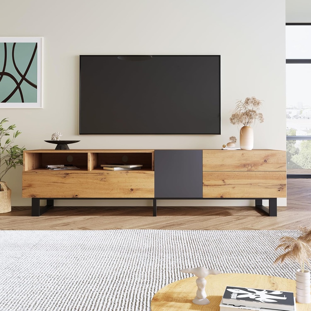 Wood TV Stand with Storage Compartments, and Grain Finish, 180x50x38 cm, Natural