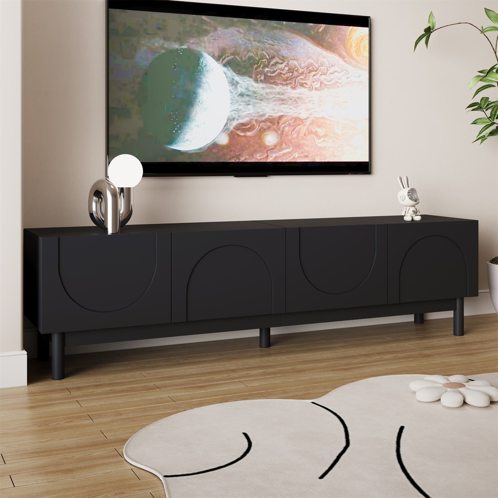 Pure Black TV Cabinet with Curved Doors and Shelves, Stabilising Legs, Modern TV Stand for Organised Homes, 169L x 34W x 45.5H cm, Black