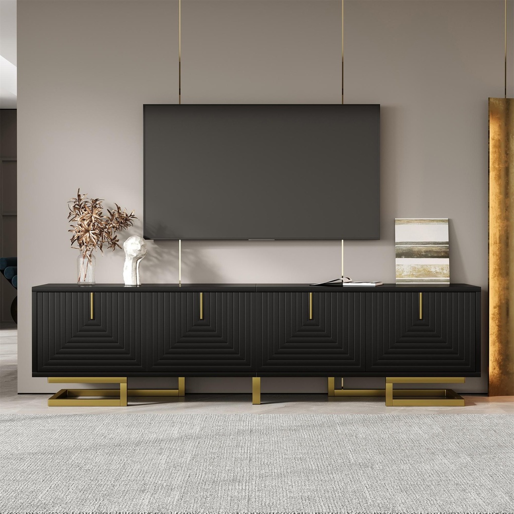 TV Cabinet with Textured Doors Metallic Handles and Sturdy Metal Legs, Elegant TV Stand with Integrated Shelves, 160L x 38W x 44.5H cm, Black