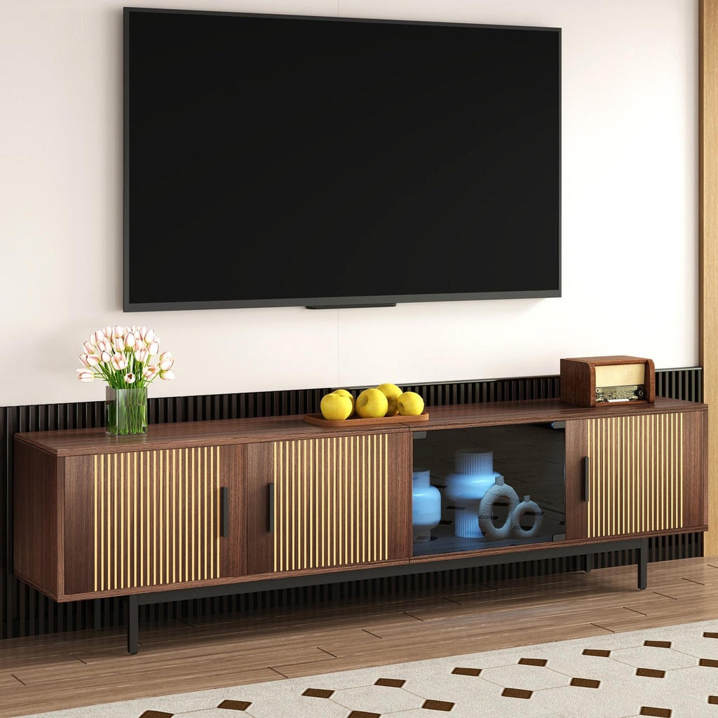 Modern TV Cabinet Lowboard with Carved Texture and Tempered Glass Doors, MDF and Particle Stand with Metal Frame, 200L x 35W x 53H cm, Wood