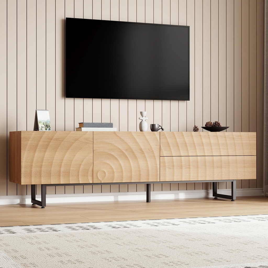 Practical TV Cabinet with 2-Door Cabinet and 2 Drawers, Solid TV Stand with Metal Legs and Particleboard Frame, 180L x 38W x 51.5H cm, Wood
