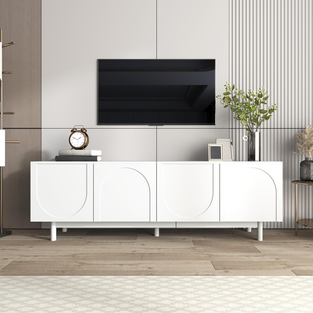 Modern Lowboard TV Cabinet with Push-to-Open Doors and Adjustable Shelves, TV Stand for Living Room, 175L x 38W x 56H cm, White