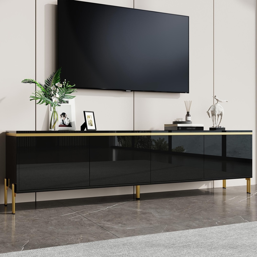 Spacious TV Stand with 4-Door Storage, Functional TV Cabinet for Modern and Italian Minimalist Living Rooms, 170L x 38W x 50H cm, Black