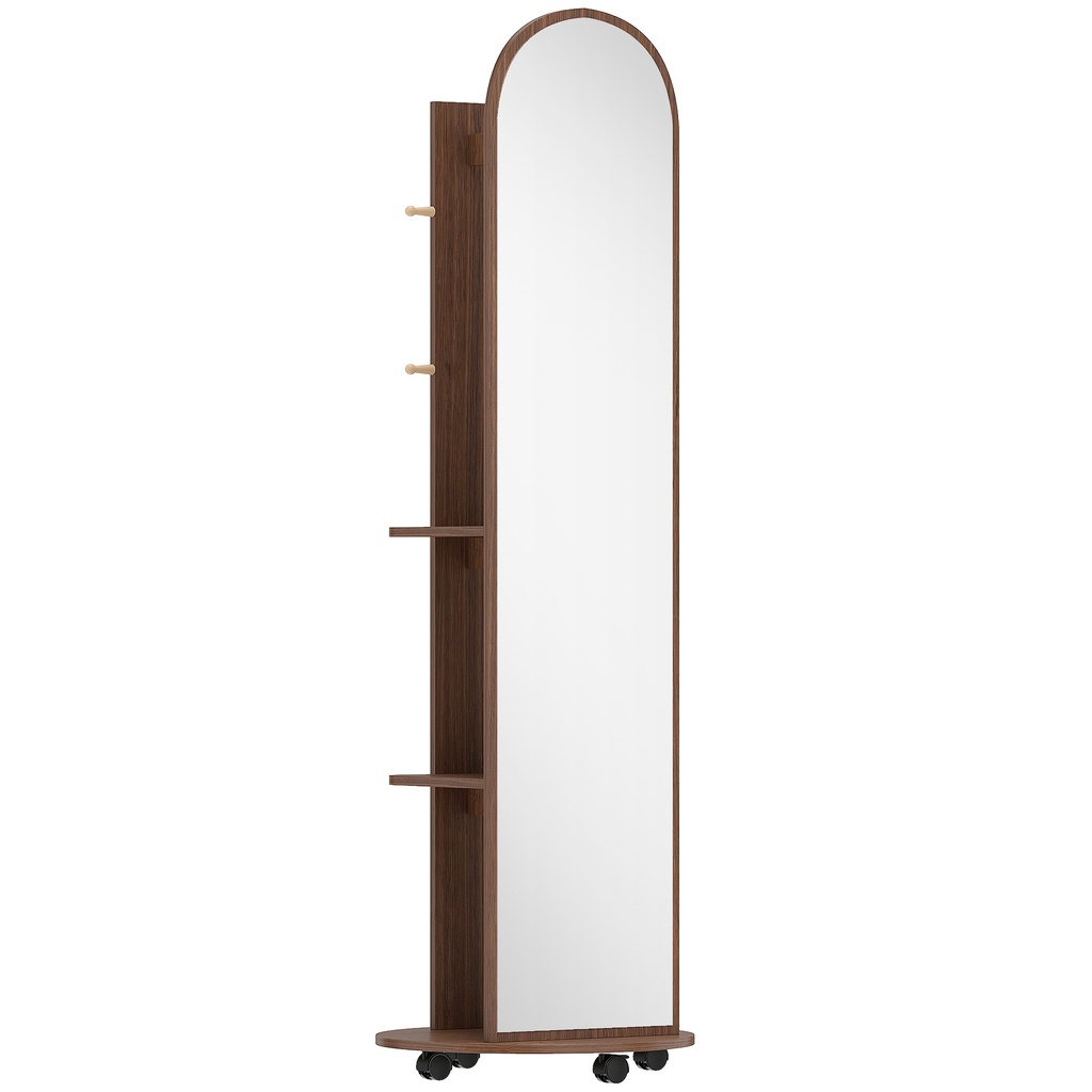 Full-Length Mirror Coat Rack Storage Shelves Wood Brown