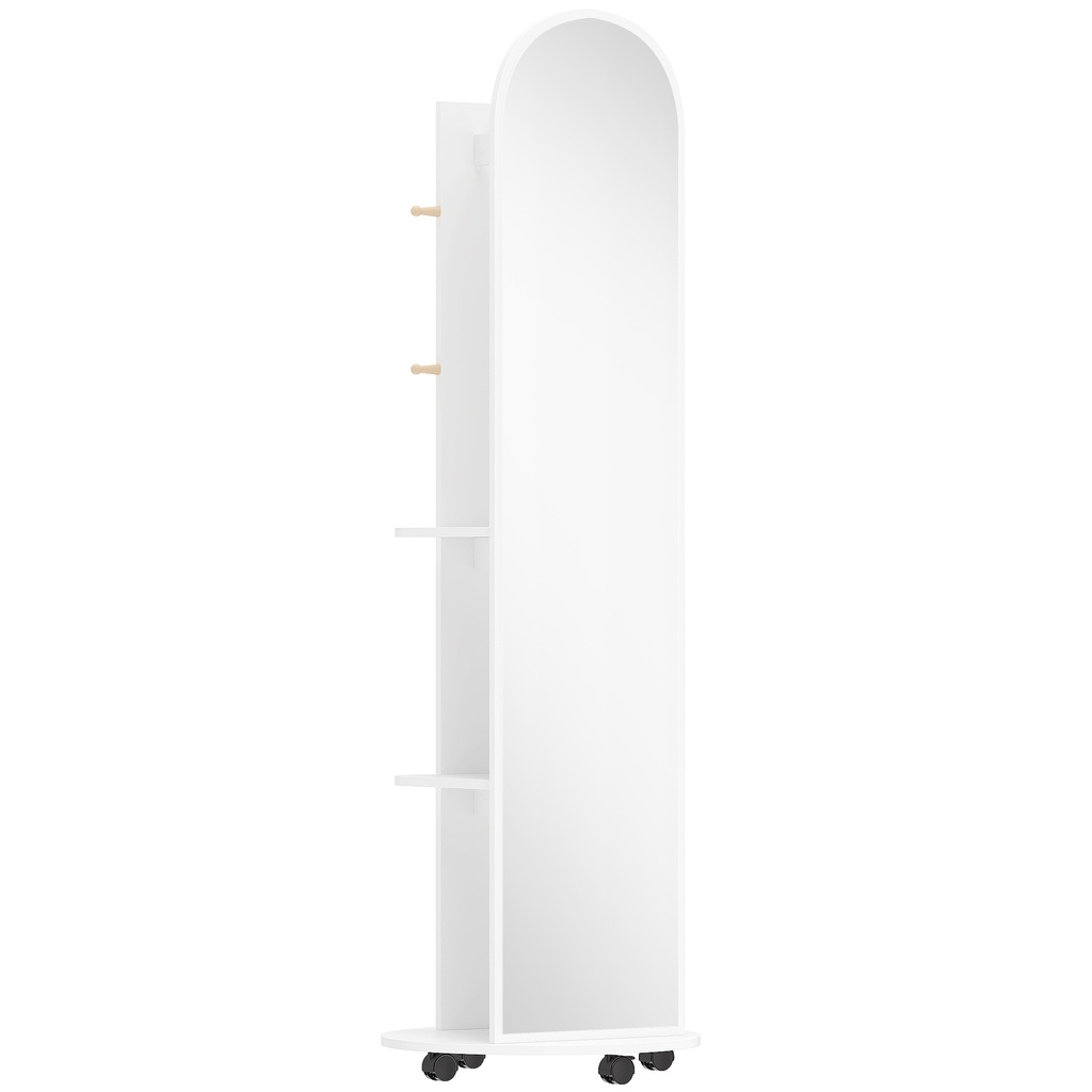 Full-Length Mirror with Storage Shelves & Wheels White