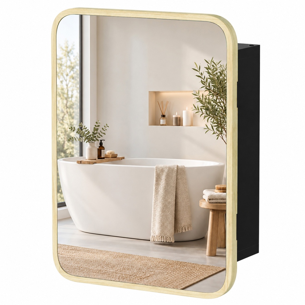 Mirror Medicine Cabinet Wood Wall-Mounted Adjustable Natural