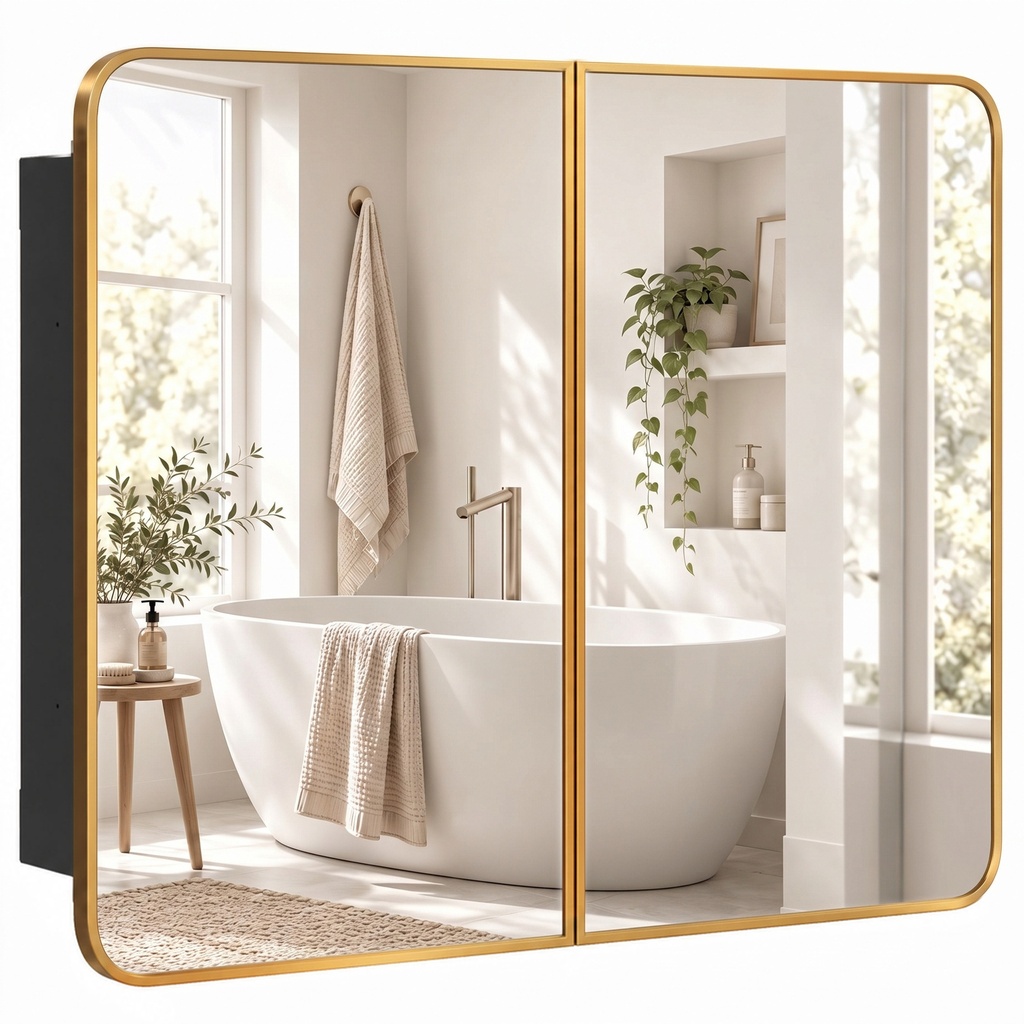 Mirror Cabinet Wall-Mounted Adjustable Shelves Gold 76cm