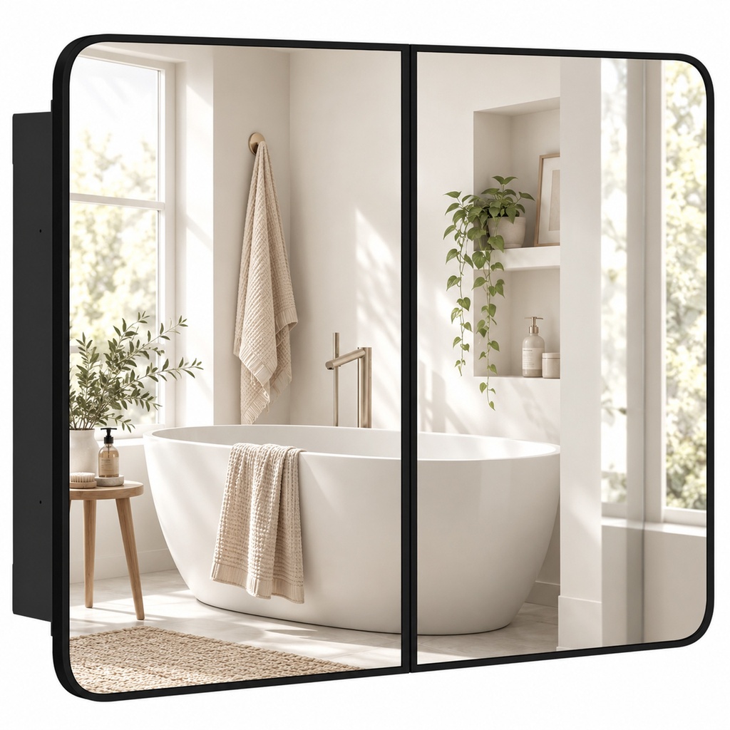 Bathroom Mirror Cabinet Wall-Mounted Adjustable Black 76cm