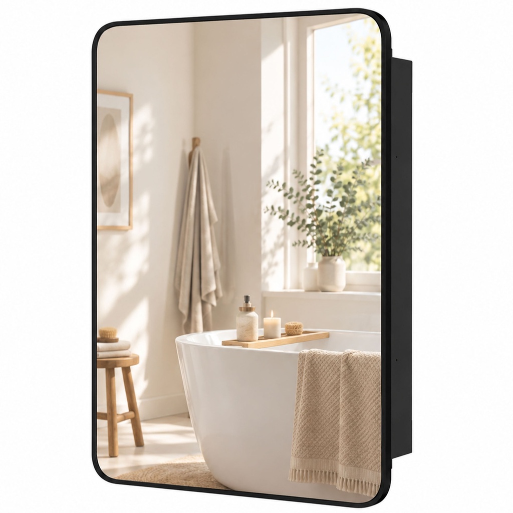 Wall Mirror Cabinet Adjustable Shelves Black 50.8x11.6x71cm