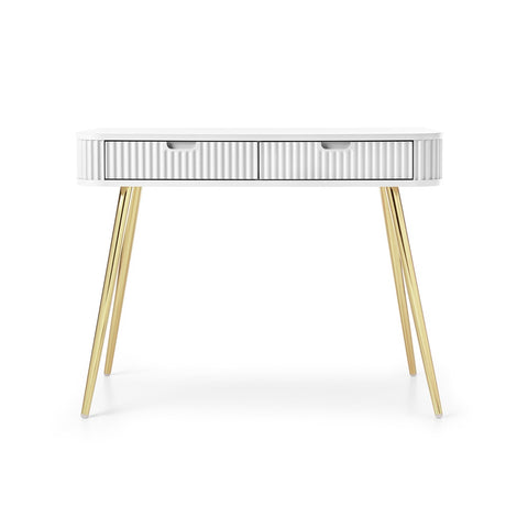 [T-103-W-G] INSTALLATION SERVICE FOR PHANTOM FURNITURE Zova White Vanity Table - Modern Vanity with Two Drawers and Grooved Fronts - White with gold legs